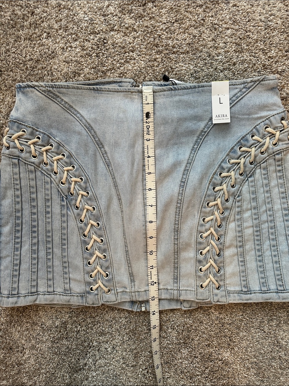 NWT AKIRA Light Wash Denim Mini Skirt Lace Up Sides Zipper Back Detail Size L - Picture 14 of 14